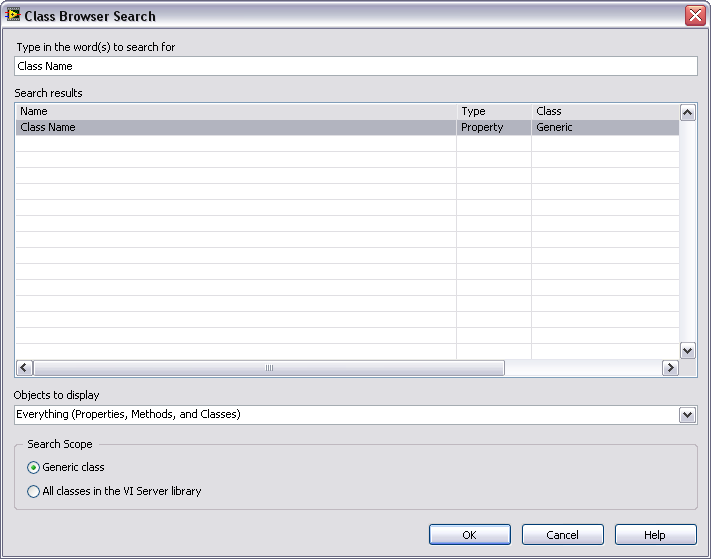 Naciśnij przycisk Search, aby otworzyć okno dialogowe Class Browser Search. Rysunek 5-10. Okno dialogowe Class Browser Search W pole do wyszukiwania wpisz Class Name.