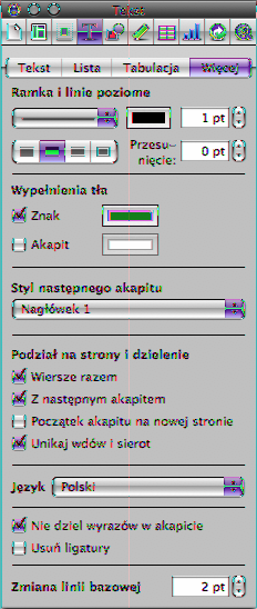 5 Jeżeli chcesz, aby styl akapitu miał wcięcie względem marginesów strony, ustaw wcięcia akapitu w panelu Tabulacja w oknie Inspektora tekstu. Ustal wcięcie pierwszego wiersza akapitu.