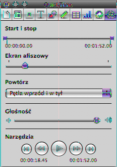 Korygowanie ustawień odtwarzania Jeżeli w dokumencie ma zostać użyty tylko fragment pliku dźwiękowego lub filmu, można ustalić to w oknie Inspektora QuickTime.