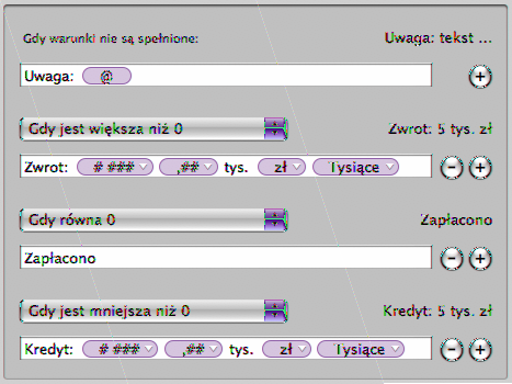 Przypisywanie warunków do własnego formatu liczbowego Można przypisać warunki do własnego formatu liczbowego, aby zróżnicować sposób wyświetlania zawartości komórki w zależności od jej wartości.