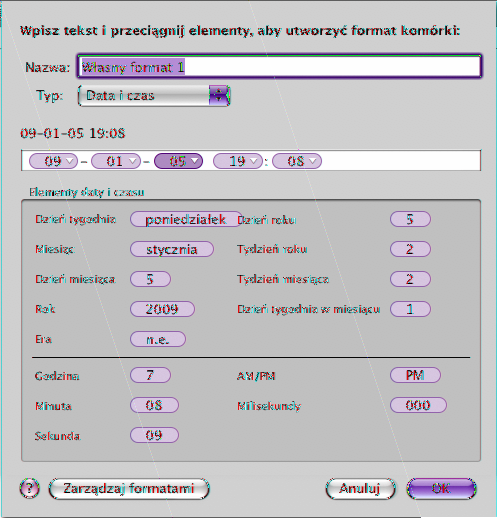 4 Zdefiniuj format daty i czasu, przeciągając niebieskie elementy z pola daty i czasu do pola formatu, znajdującego się nad nim.