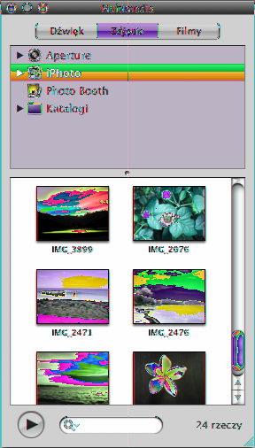 Przeglądarka multimediów Przeglądarka multimediów pozwala na łatwy dostęp do zdjęć z biblioteki iphoto, plików dźwiękowych z biblioteki itunes i filmów z katalogu Filmy.
