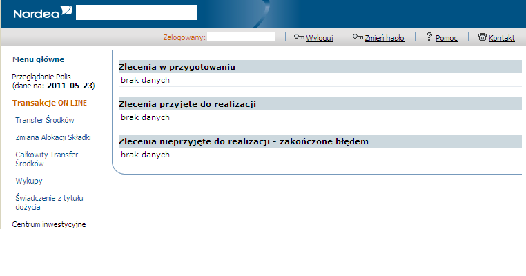 W pasku po lewej poza przeglądaniem polis klient ma dostęp do Transakcji ON LINE oraz do Centrum inwestycyjnego.