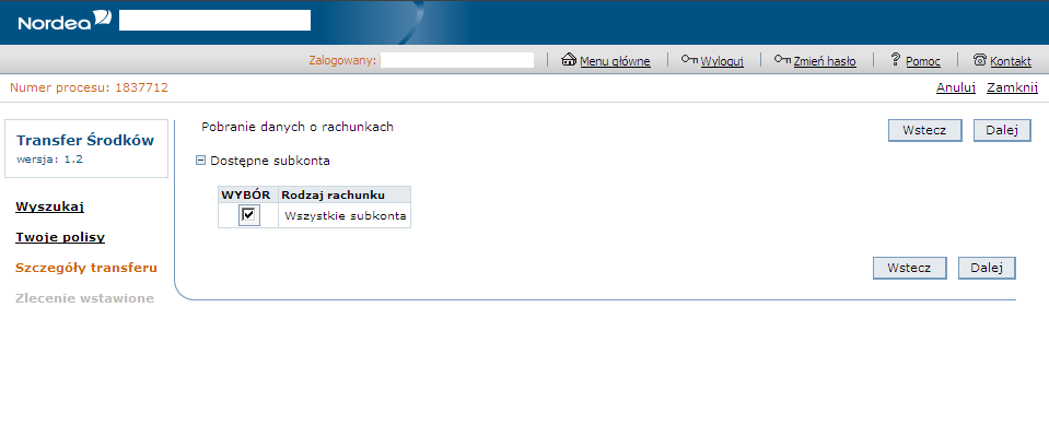 W aktualnym stanie procesu należy wybrać w ramach jakich subkont będzie składane zlecenie wykonania transferu środków.