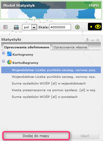 Dodawanie do mapy zdefiniowanego opracowania: Wybór zakładki pozwala na wybranie przez Użytkownika dwóch typów prezentacji kartogramów i kartodiagramów.