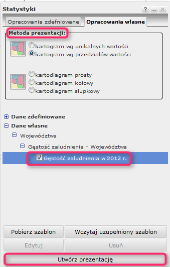 z wymaganymi kolumnami Użytkownik wybiera inne kolumny, które chce przedstawić za pomocą kartogramów lub kartodiagramów.