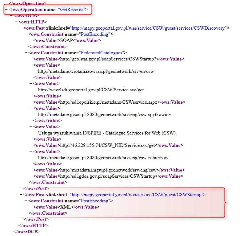 6.3 Przykładowe zapytania POST do usługi CSW Poniżej zostaną przedstawione przykładowe zapytania POST do usługi CSW wraz z krótkim objaśnieniem konstrukcji zapytania oraz odpowiedzi usługi.
