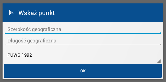 Po uruchomieniu na środku ekranu pojawi się okno dialogowe w którym użytkownik może podać współrzędne punktu który chce wyświetlić, oraz wybrać układ współrzędnych z rozwijalnej listy.