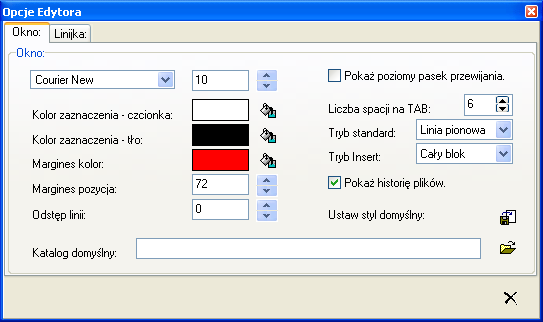 Rys. Okno opcji edytora definicja ustawień okna głównego.