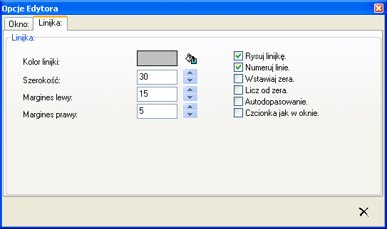 Rys. Okno opcji edytora definicja ustawień linijki. 6.