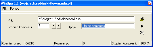 Rys. Okno programu Translator 13.WinUpx Program WinUpx jest narzędziem zewnętrznym, wywoływanym z menu Narzędzia Kompresja.. lub z paska kompilacji. WinUpx jest graficzną nakładką na program upx.