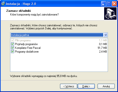 Rys. Instalator Hugo wybór komponentów 2. Konfiguracja kompilatorów Edytory Edi i Hugo testowane były w systemie operacyjnym Windows XP Professional.