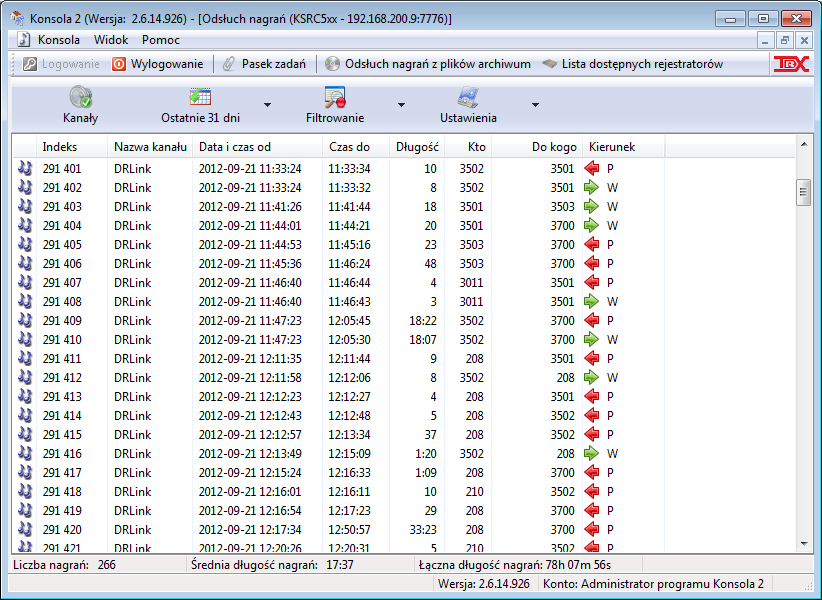 Integracja rejestratorów TRX z centralami Alcatel OXE DR-Link 3: Obsługa nagrań Do odsłuchu nagrań zarejestrowanych na rejestratorach TRX służy program Konsola 2.