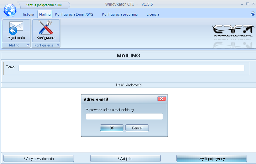 Możliwe jest też wysłanie pojedynczego emaila poprzez naciśnięcie przycisku 9. Opcja - wysyłanie sms. Windykator by CTI ma także opcję wysyłania sms ów.