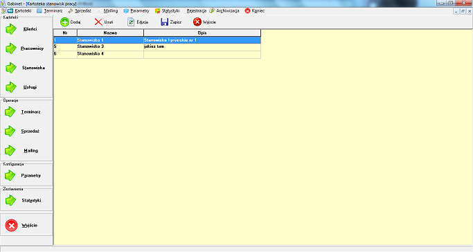4. Kartoteka stanowisk Kartoteka przeznaczona jest do definiowania stanowisk, na których pracownicy gabinetu będą wykonywać usługi. Ogólny wygląd kartoteki przedstawia poniższy rysunek.