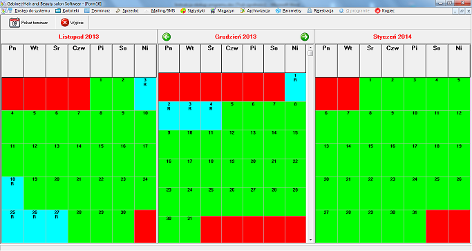 11.3. Terminarz miesięczny W oknie terminarza miesięcznego użytkownik programu ma możliwość podglądu na miesięczne obciążenie salonu. Kolorem: 1.