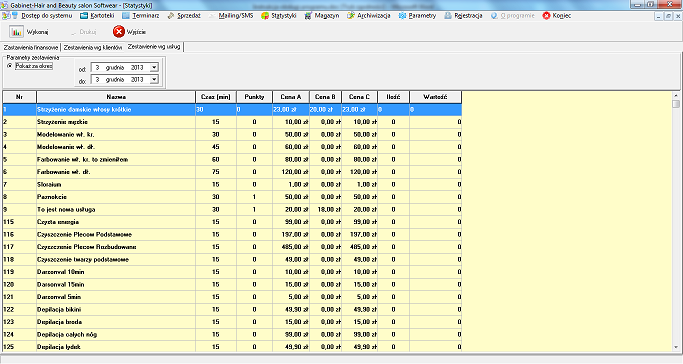 Po wybraniu tego rodzaju statystyk program zaprezentuje listę klientów salonu.