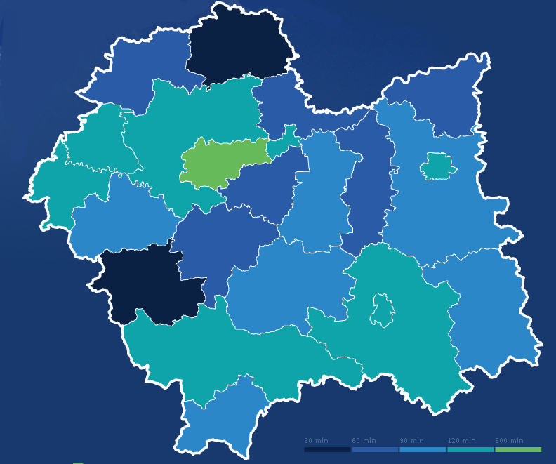 Mapa 1. Poziom uzyskanych środków z MRPO z wyłączeniem Osi Priorytetowej 2 Źródło: strona internetowa: www.fundusze.malopolska.plz stan z dnia 06.06.2012 Mapa 2.