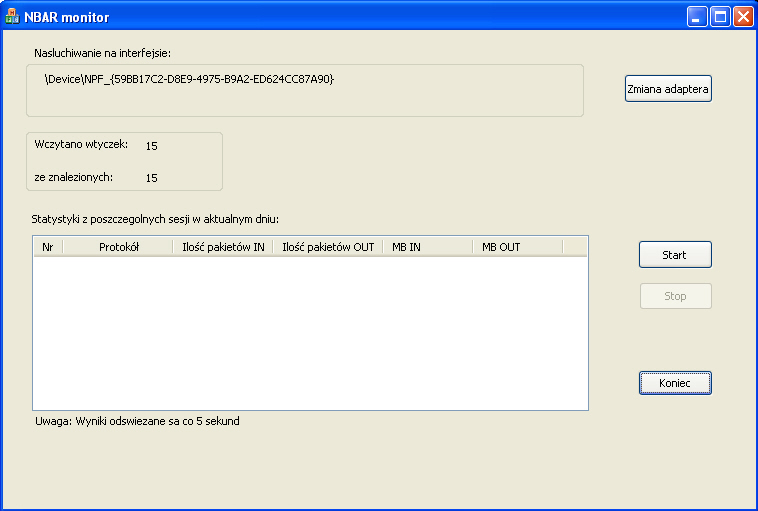 Jeżeli naciśnięty zostanie przycisk Cancel wówczas pojawi się komunikat "Nie wybrano żadnego adaptera, program zakończy swoje działanie!!!" wówczas działanie programu zostanie przerwane.
