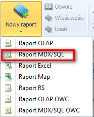 5.4.1 Definiowanie raportu MDX/SQL Rysunek 5.17 Rozwinięty przycisk dodawania nowego raportu.