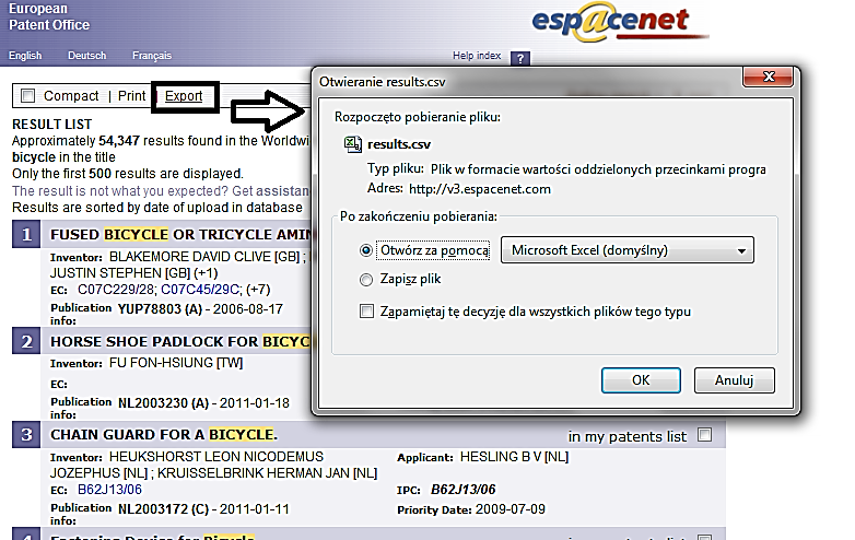 Rysunek 74: Opcja eksportu dokumentu w bazie EPO. Źródło: Esp@cenet. Jeżeli chodzi o listę wyszukiwania, można ją wydrukować lub eksportować do programu MS Excel.