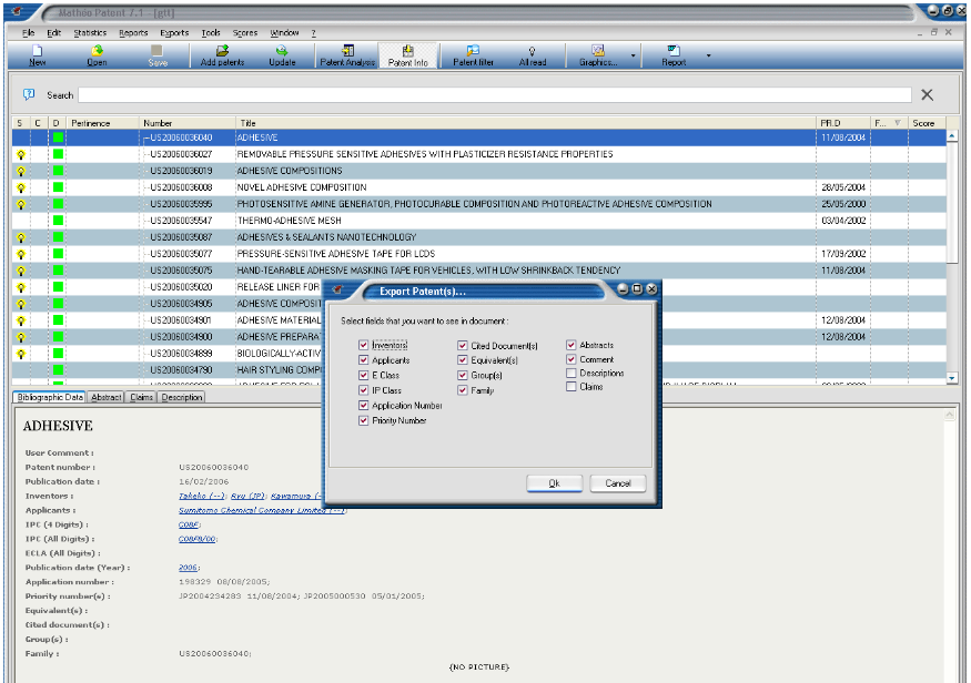 Rysunek 112: Program Matheo Analyzer okno prezentujące wyniki pobierania danych z programu Matheo Patent. Źródło: strona internetowa Matheo Analyzer.