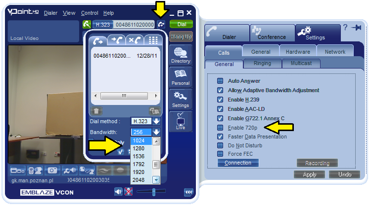 Optymalna konfiguracja dla standardowego komputera (Core2Duo ok. 2GHz) to połączenie z prędkością 1MB/s i z wyłączona opcją Enable 720p. Uzyskujemy wtedy płynny obraz w rozdzielczości VGA i 30fps.