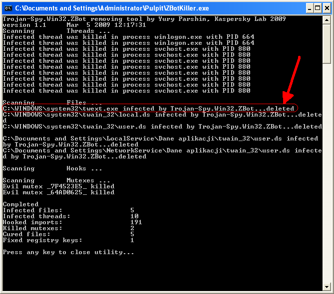 PoniŜej efekt skanowania Programem ZBotKiller.exe. NaleŜy jednak pamiętać, Ŝe program ZBotKiller.exe słuŝy tylko do usuwania Trojana ZBot.