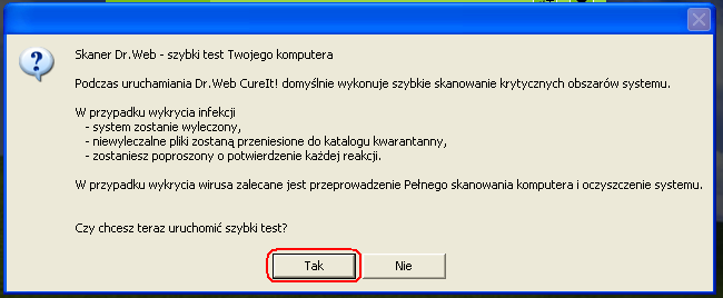 4. Potwierdzić wykonanie szybkiego testu wybierając opcję Tak Program sprawdza