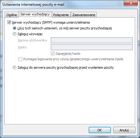 Po wypełnieniu odpowiednich pól w zakładce Ogólne, należy wybrać zakładkę Serwer wychodzący. Pojawi się okno jak na rysunku Rysunek 7.