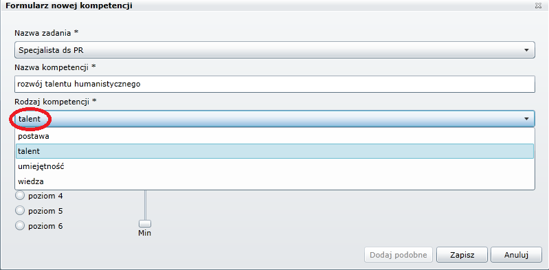 Strona10 Na ekranie pojawi się Formularz nowej kompetencji, w którym należy kolejno wpisać: o Nazwę zadania (wybrać z listy utworzonych zadań) o Nazwę kompetencji (po wpisaniu kilku liter pojawią się