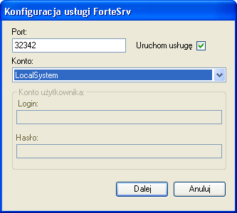 System Zarządzania Forte - Instalacja i konfiguracja Strona 5 z 28 Pod koniec instalacji Serwera Konfiguracji Globalnej pojawia się okno konfiguracji usługi ForteSrv (patrz Rys. 1): Rys.