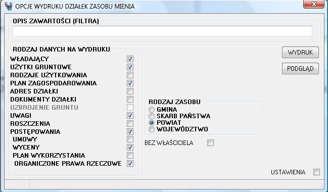 S t r n a 60 Rysunek 59. Opcja wydruku działek zasbu mienia. W prawej części kna jest mżliwść wybru Rdzaju zasbu, jaki ma znaleźć się na wydruku. Wybór bejmuje: Gmina, Skarb Państwa, Pwiat, Wjewództw.