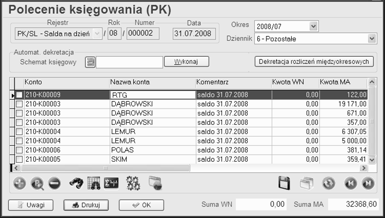 5. Bilans otwarcia w KH Jak wcześniej wspomniano bilans otwarcia traktowany jest przez system jako normalny okres o numerze 00. Nie istnieje więc dodatkowy dokument o nazwie Bilans otwarcia.