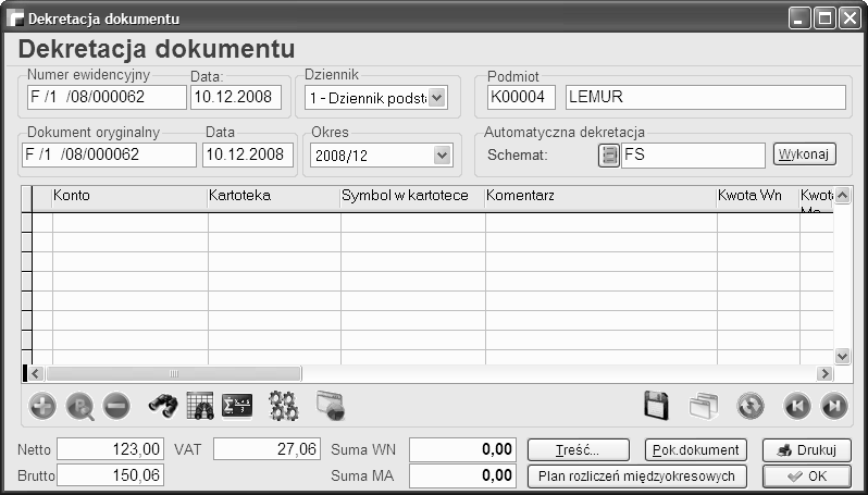 12.2. Ręczne i półautomatyczne dekretowanie Operacja ręcznego i półautomatycznego dekretowanie wykonuje się na pojedynczym dokumencie.