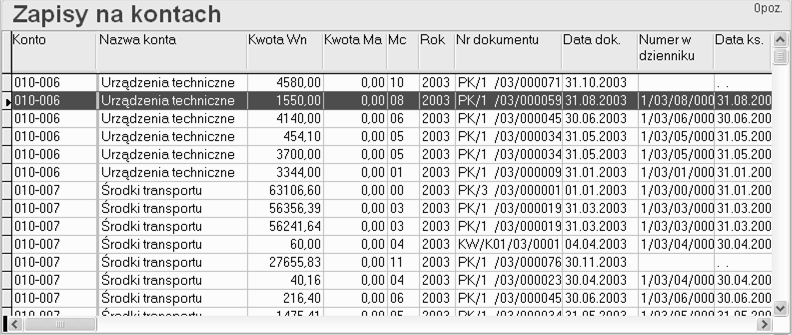 17. Zapisy na kontach Opcja ta prezentuje do przeglądu wybrane parametrami zapisy na kontach. Stanowi ona uzupełnienie podstawowych zestawień księgowych.