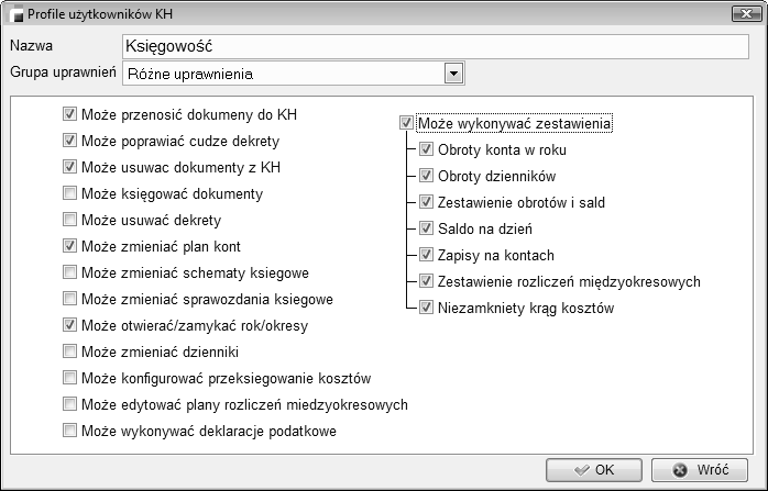 o o o o konfiguracji przeksięgowania kosztów, edycji planów rozliczeń międzyokresowych, wykonywania deklaracji podatkowych wykonywania poszczególnych zestawień KH.