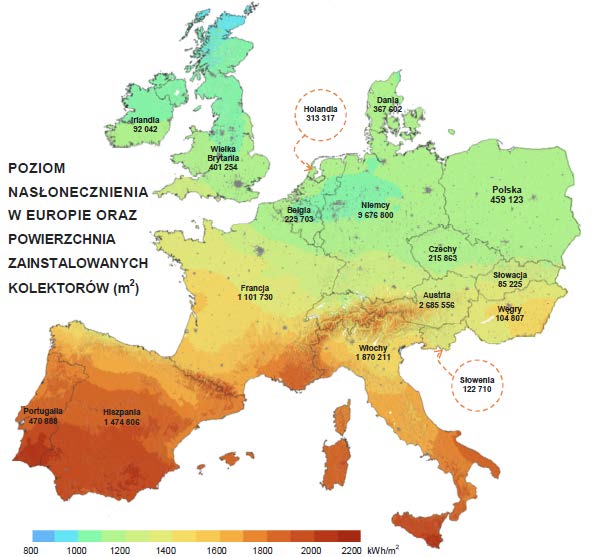 Rys. 1. Poziom nasłonecznienia w Europie oraz powierzchnia zainstalowanych kolektorów [m 2 