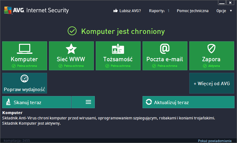 5. Interfejs użytkownika AVG Otwarcie systemu AVG Internet Security 2013 powoduje wyświetlenie jego okna głównego: Okno główne jest podzielone na kilka sekcji: Górna nawigacja składa się z czterech