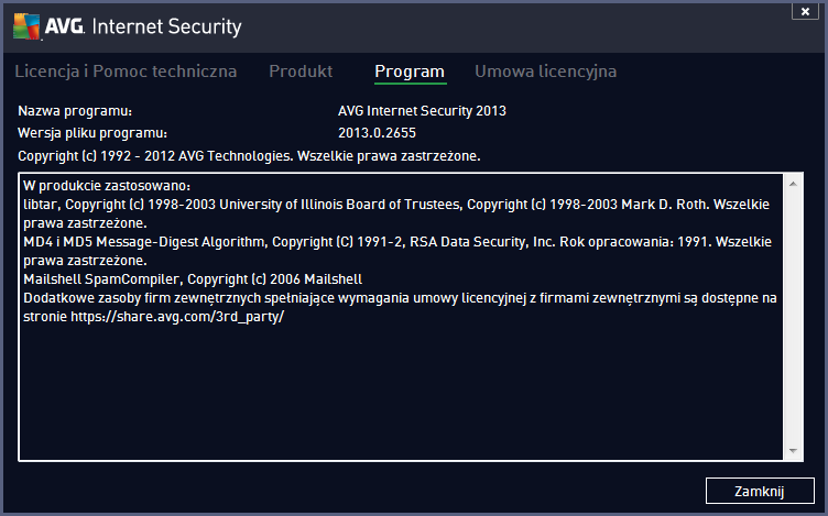 Program - Na tej karcie możesz znaleźć informacje o wersji programu oraz o użytych bibliotekach innych