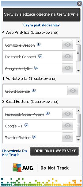 8.3. Blokowanie procesów śledzących Dzięki listom Ad Networks / Social Buttons / Web Analytics, masz możliwość kontrolowania, które z nich powinny zostać zablokowane.