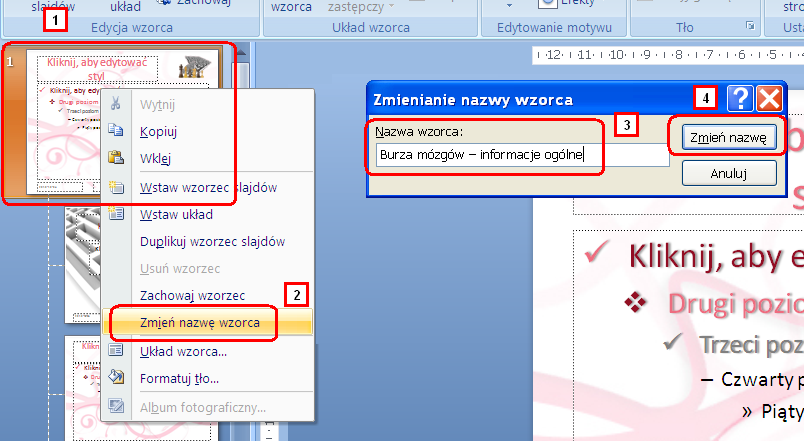 3. Wybierz prawym klawiszem myszki miniaturę głównego układu motywu graficznego a następnie z rozwijalnego menu kontekstowego wybierz opcję Zmieo nazwę wzorca.