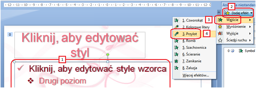 2. Podświetl wprowadzoną dla pierwszego symbolu zastępczego animację i zmieo ustawienie pola Początek na Po poprzedniej. 3.