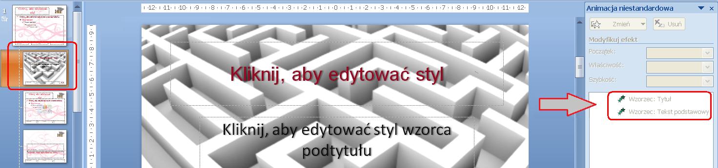 Animacja obiektów na wybranych slajdach Jeżeli klikniesz na miniaturce układu tytułowego slajdu zauważysz, że schemat animacji