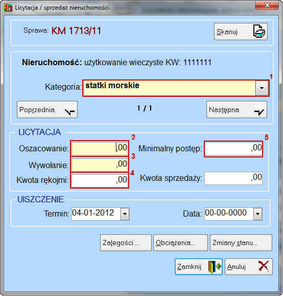 Rys. 34. Ekran licytacja/sprzedaż nieruchomości 2 - komornik sql Wciśnięcie przycisku Więcej w oknie projektu nieruchomości powoduje wyświetlenie szczegółowych danych nieruchomości.