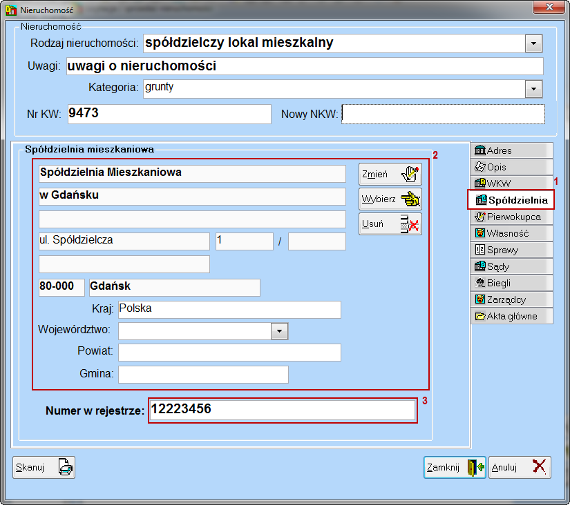 Aby uzupełnić dane spółdzielni należy kliknąć przycisk Spółdzielnia (9) w Rys. 35. Ekran nieruchomości - komornik sql. Pojawi się Rys. 36. Ekran danych ruchomości - spółdzielnia.