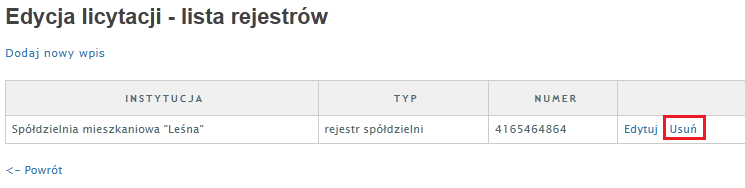 Rys. 61. Ekran z etapami dodawania / edycji licytacji 3.4.5 USUWANIE POSZCZEGÓLNY CH ELEMENTÓW LICYTACJI Poszczególne elementy licytacji można usuwać za pomocą przycisku Usuń.