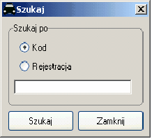 25 Waga samochodowa 1. Kartoteka samochodów Szukaj: Po kliknięciu w przycisk <Szukaj> program wysweitli okno, w którym użytkownik ma mozliwość wyszukiwania danego pojazdu.