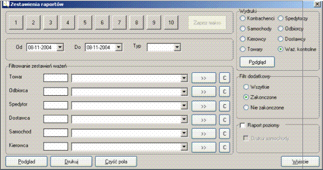 OPCJE PROGRAMU 8.5.5 PODGLAD WAZEN Funkcja sluzy do podgladu wazen zanjdujacych sie w pamieci programu. Aby wyswietlic wazenia nalezy ustawic zasady filtrowania danych i kliknac w przycisk <Odswiez>.