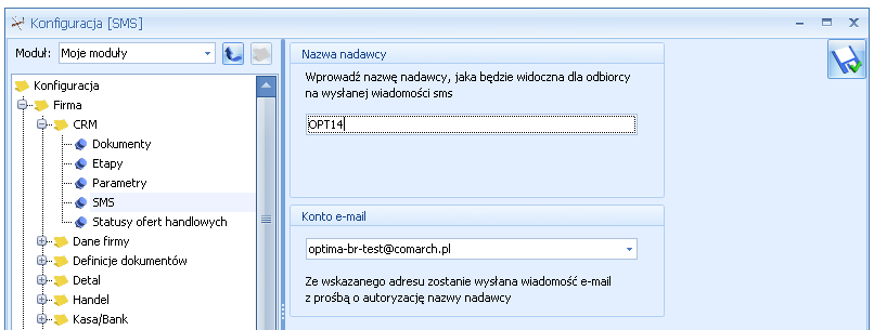 Rys. Konfiguracja SMS Konto e-mail należy wskazać jedno z kont pocztowych skonfigurowanych uprzednio w menu System/ Konfiguracja/ Program/ CRM/ Konta e-mail.